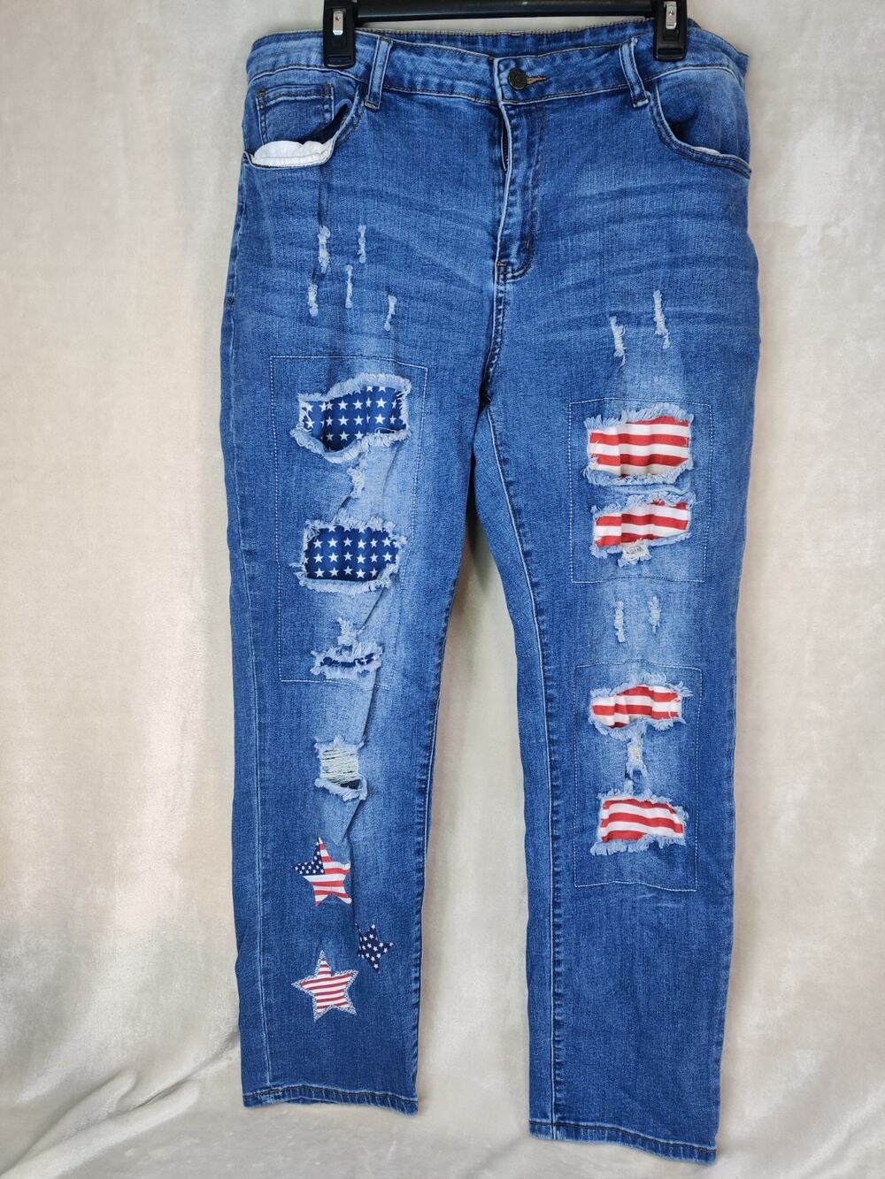 Women's Jeans Size 2XL Stretchy Distressed American Flag Patch Work Jeans